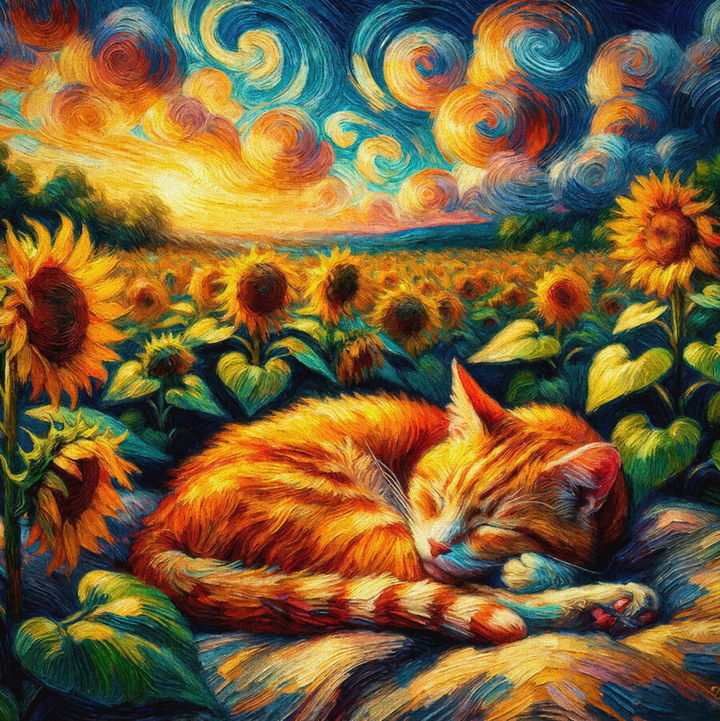 A painting of an orange kitty, sleeping in a field of sunflowers, painted in the style of Van Gogh